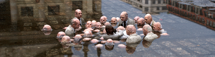 Artwork: group of balding, suited, men in discussion while flood waters rise to cover them